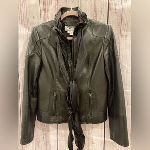 Carlisle leather jacket with black scarf threaded through